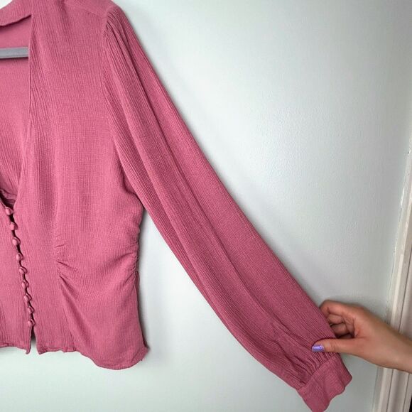 Free People Maise Button Front Blouse Long Puff Sleeve Top Rose Mauve Pink S M - Picture 5 of 14